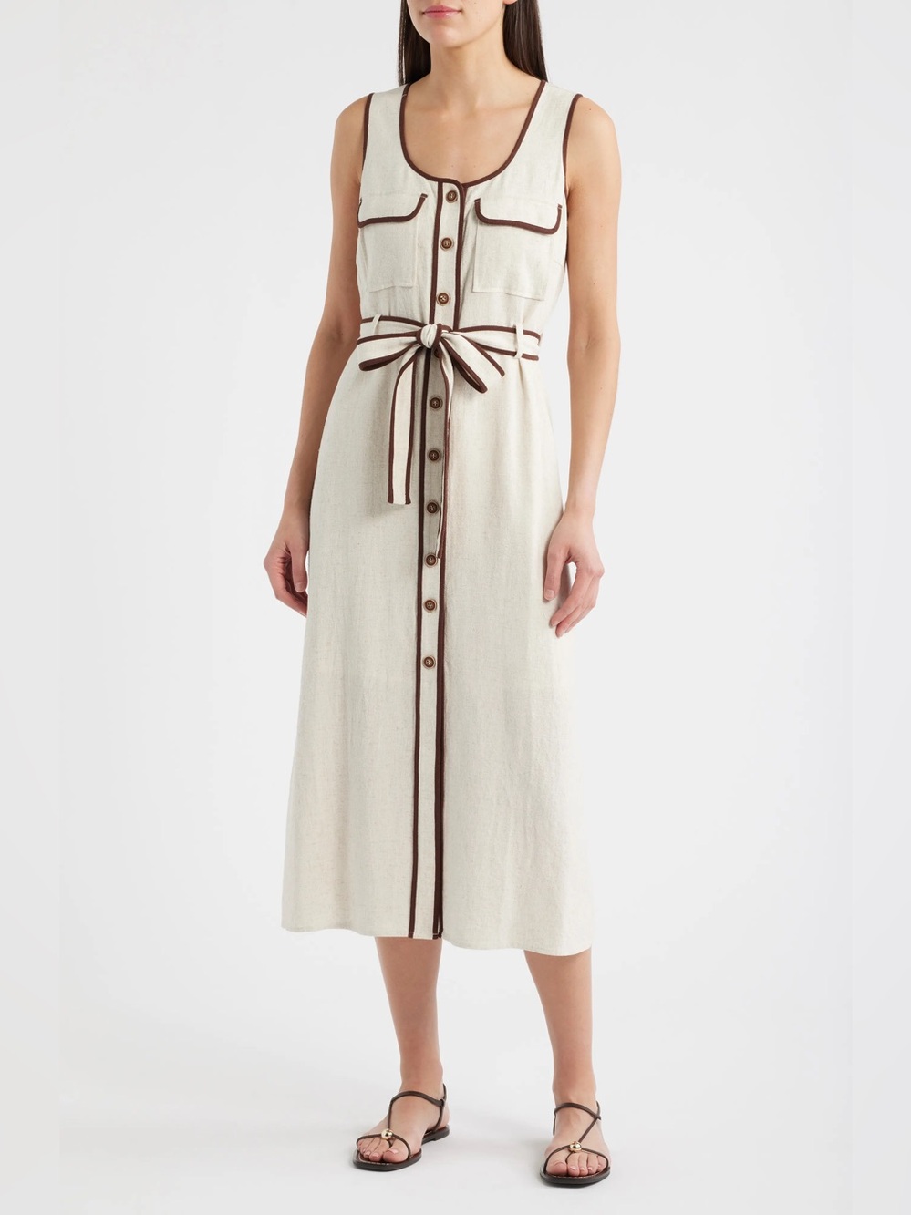 Zoe & Claire Contrast Piping Button Up Midi Dress Size Small Beige Brown